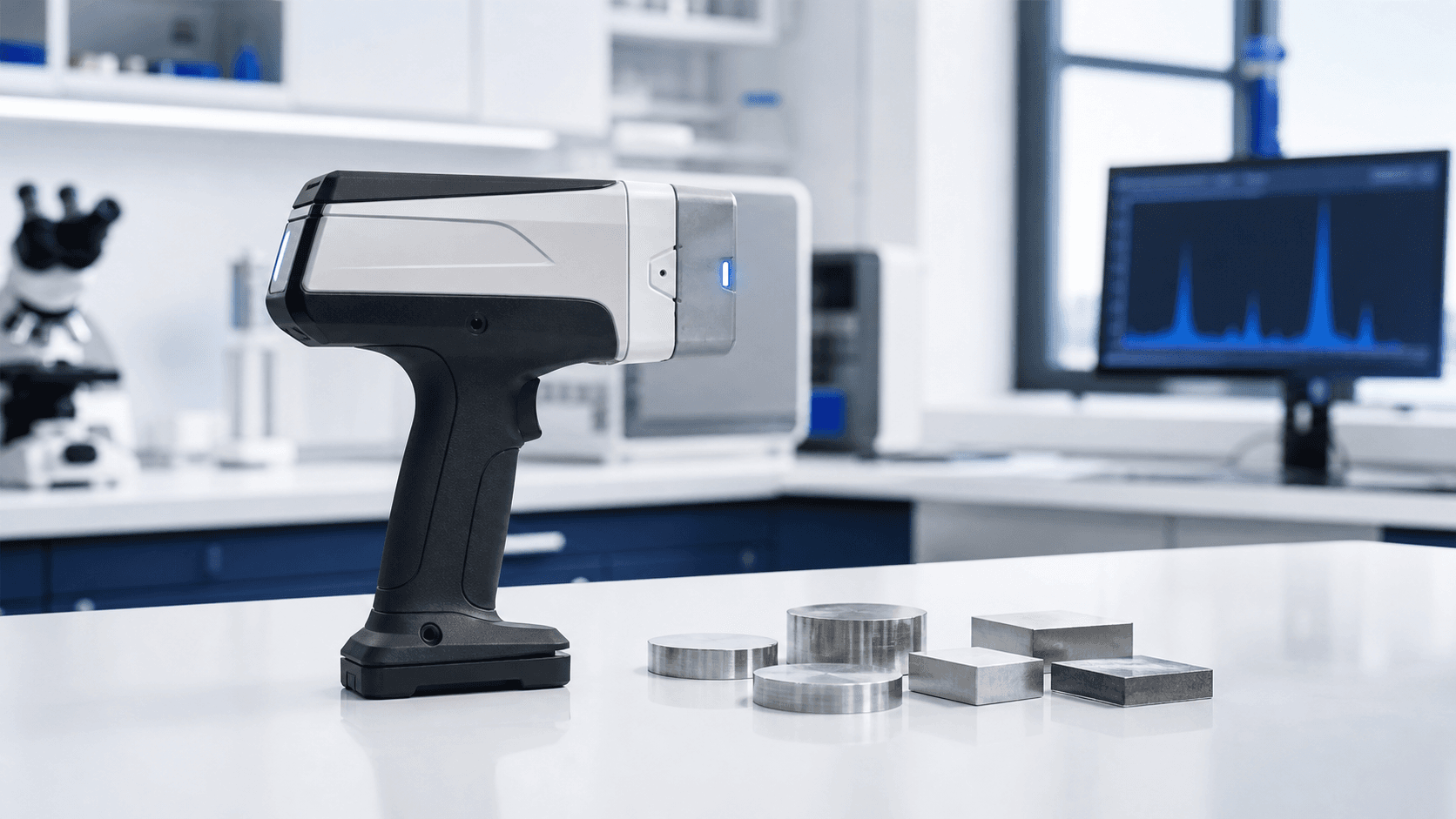 Handheld XRF analyzer positioned with clean metal samples in a modern lab